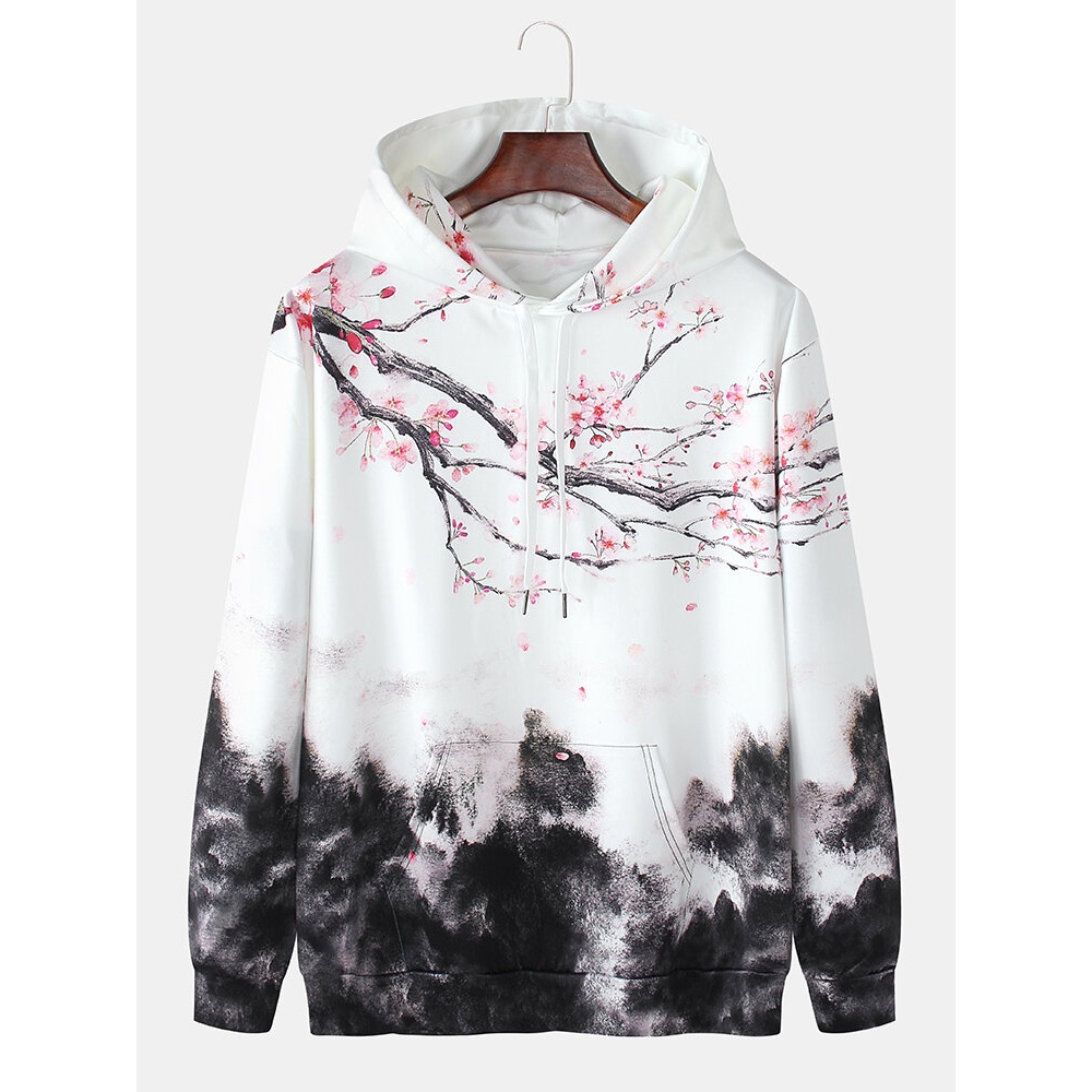 Mens Cheerry Landscape Print Kangaroo Pocket Drawstring Hoodies - White S