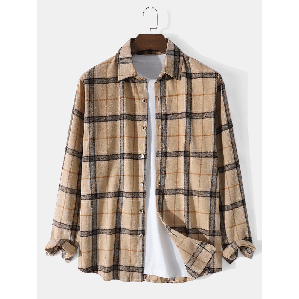 Mens Beige Plaid Essentials Work Button Down Regular-Fit Shirt - Apricot M