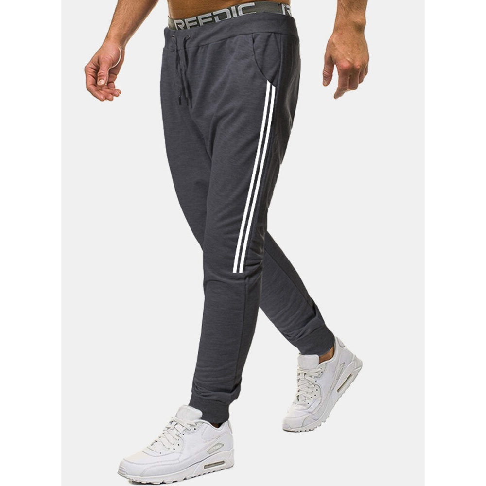 Mens Side Striped Cotton Drawstring Waist Sports Casual Jogger Pants - Black S