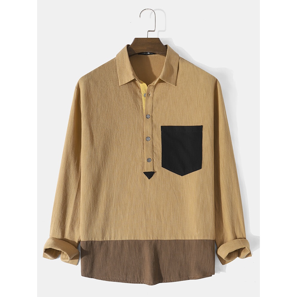 Men Patchwork Chest Pocket Henley Collar Long Sleeve Casual Shirts - Camel S