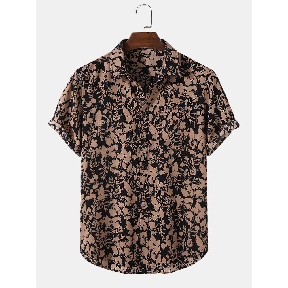 Mens Allover Vintage Floral Print Lapel Short Sleeve Holiday Shirt - Apricot S