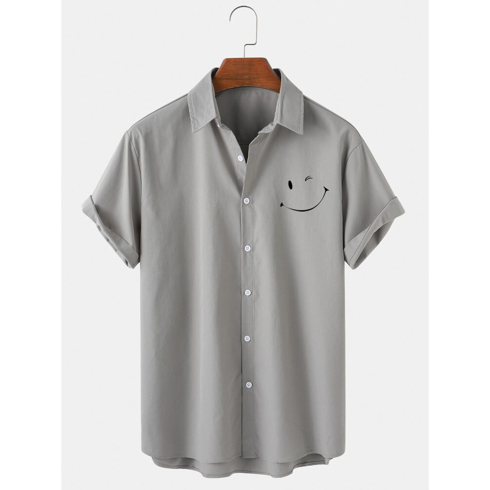 Mens Smile Emojis Print Short Sleeve Lapel Shirts - White S