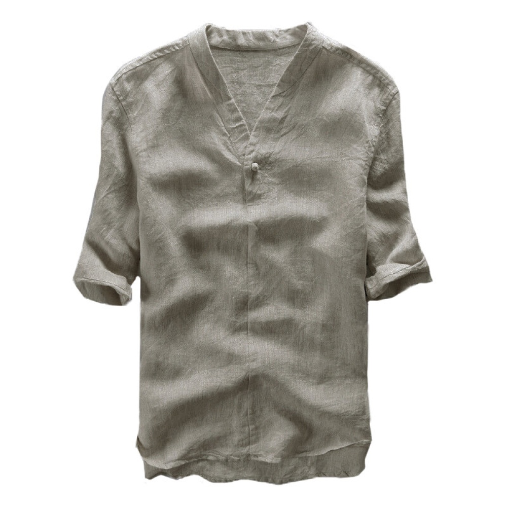 Vintage Chinese Style Cotton Breathable V-neck Plain Casual - 2XL Light Grey - Image 2