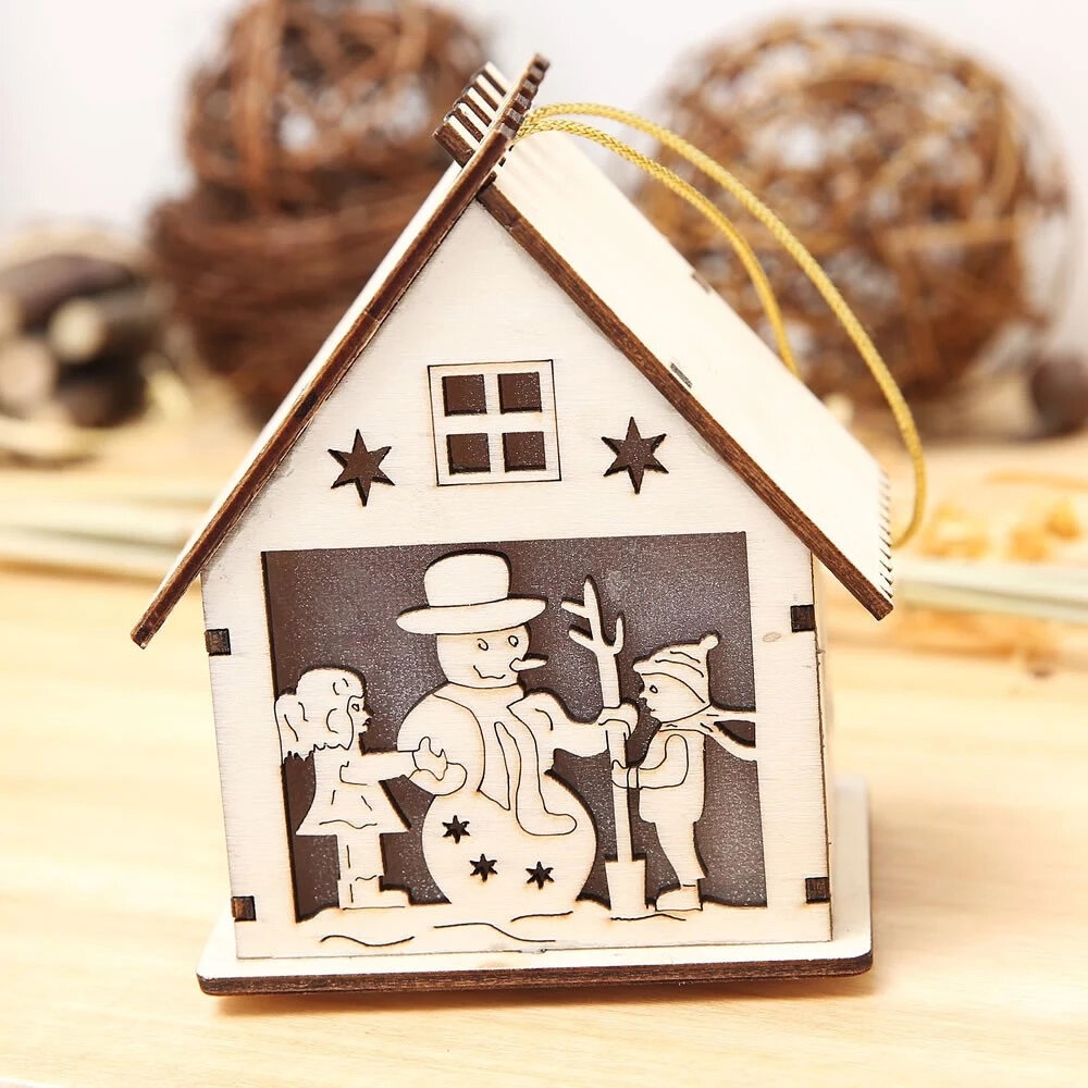 Decorative Warm White Light LED Chalet Luminous Cute Wood House  Tree Hanging Decoration Ornaments for Home Decor - 03 - Image 2