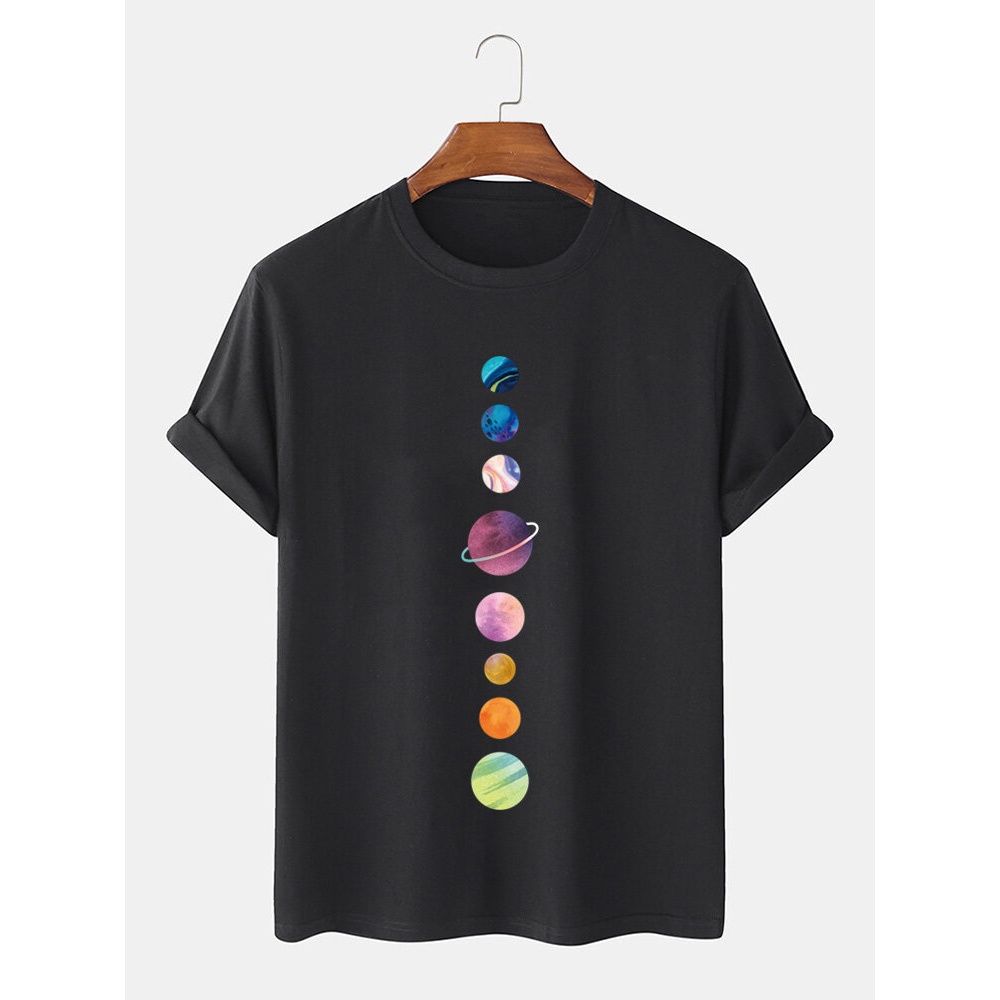 Colorful Planet Print 100% Cotton Breathable Short Sleeve T-Shirts - Black XL