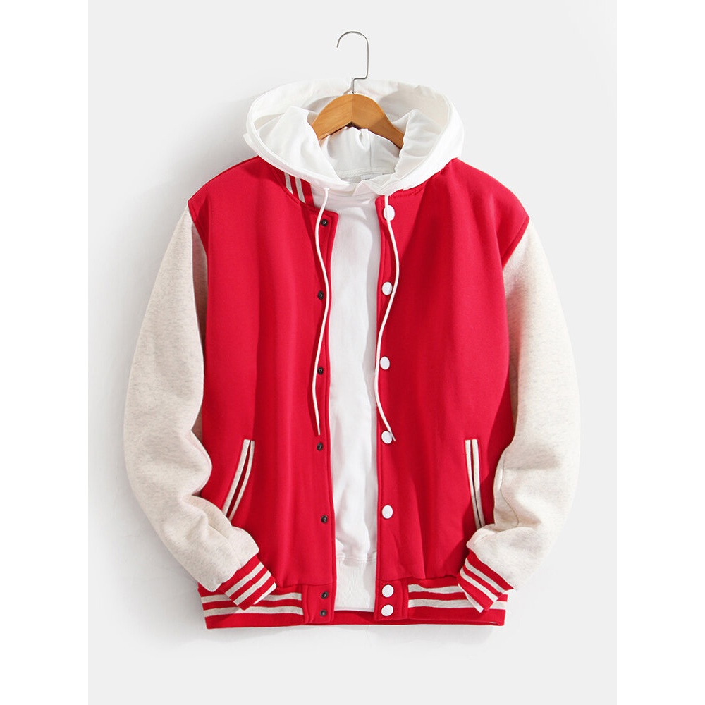 Mens Simple Patchwork Baseball Collar Loose Warm Slant Pocket Jacket - Red S