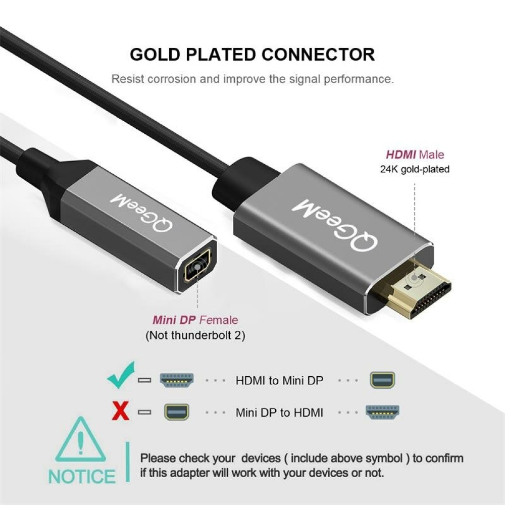 QGEEM QG-HD02 HDMI to Mini DisplayPort Converter Adapter Cable 4K x 2K HDMI to Mini DP Video Cable For Digital TV / LCD Display Laptop / Projector / - Image 2