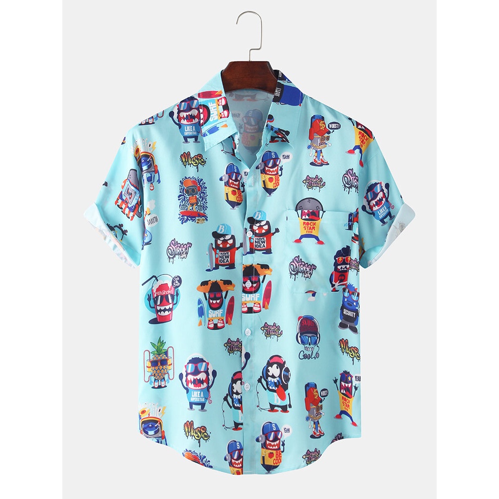 Mens New Fashion Cartoon Print Turn Down Collar Short Sleeve Shirts - White L