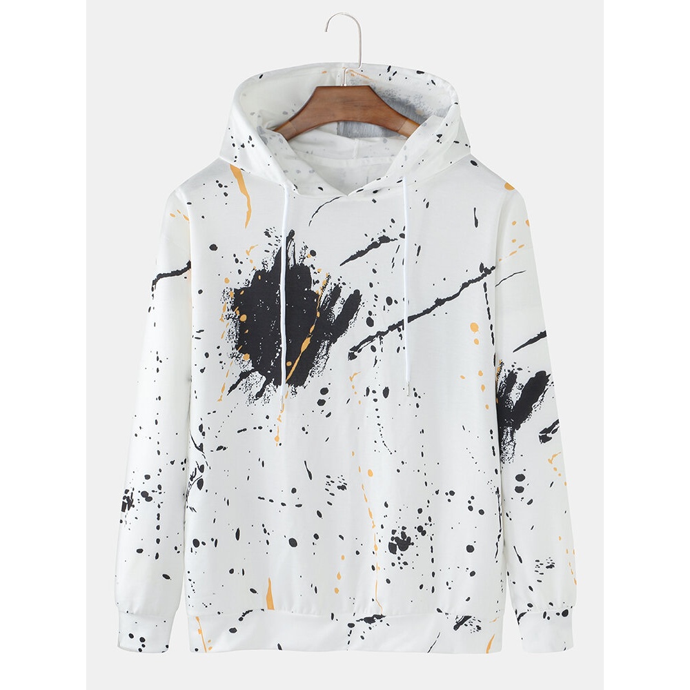 Mens All Over Ink Splatter Printing Casual Drawstring Hoodies - White S