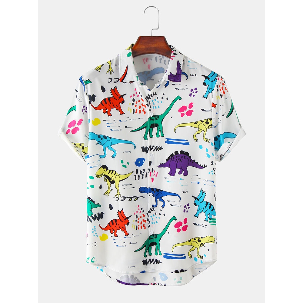 Mens Cartoon Funny Dinasour Pattern Short Sleeve Casual Shirts - Black S