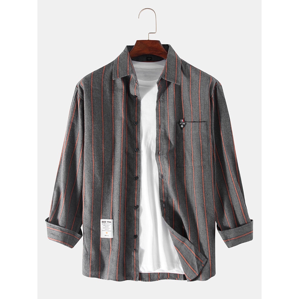 Men Vertical Stripe Chest Pocket Long Sleeve Casual Shirts - Grey S