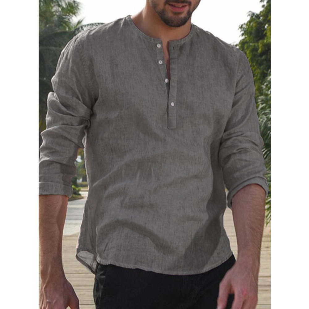 Men Casual Long Sleeve Button Down Retro Plain Curved Hem Top Shirts - 2XL Beige