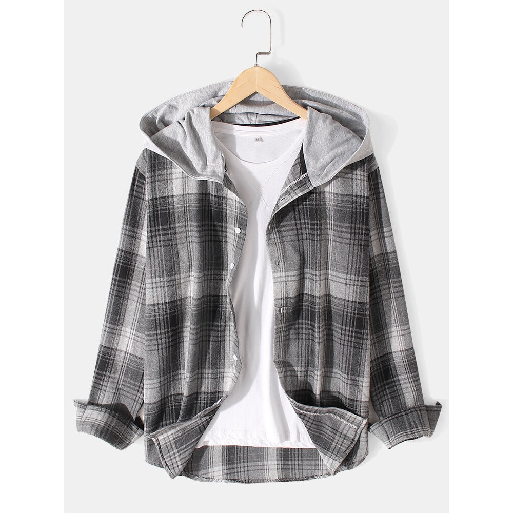 Mens 100% Cotton Plaid Long Sleeve Vintage Hooded Shirts - Black S