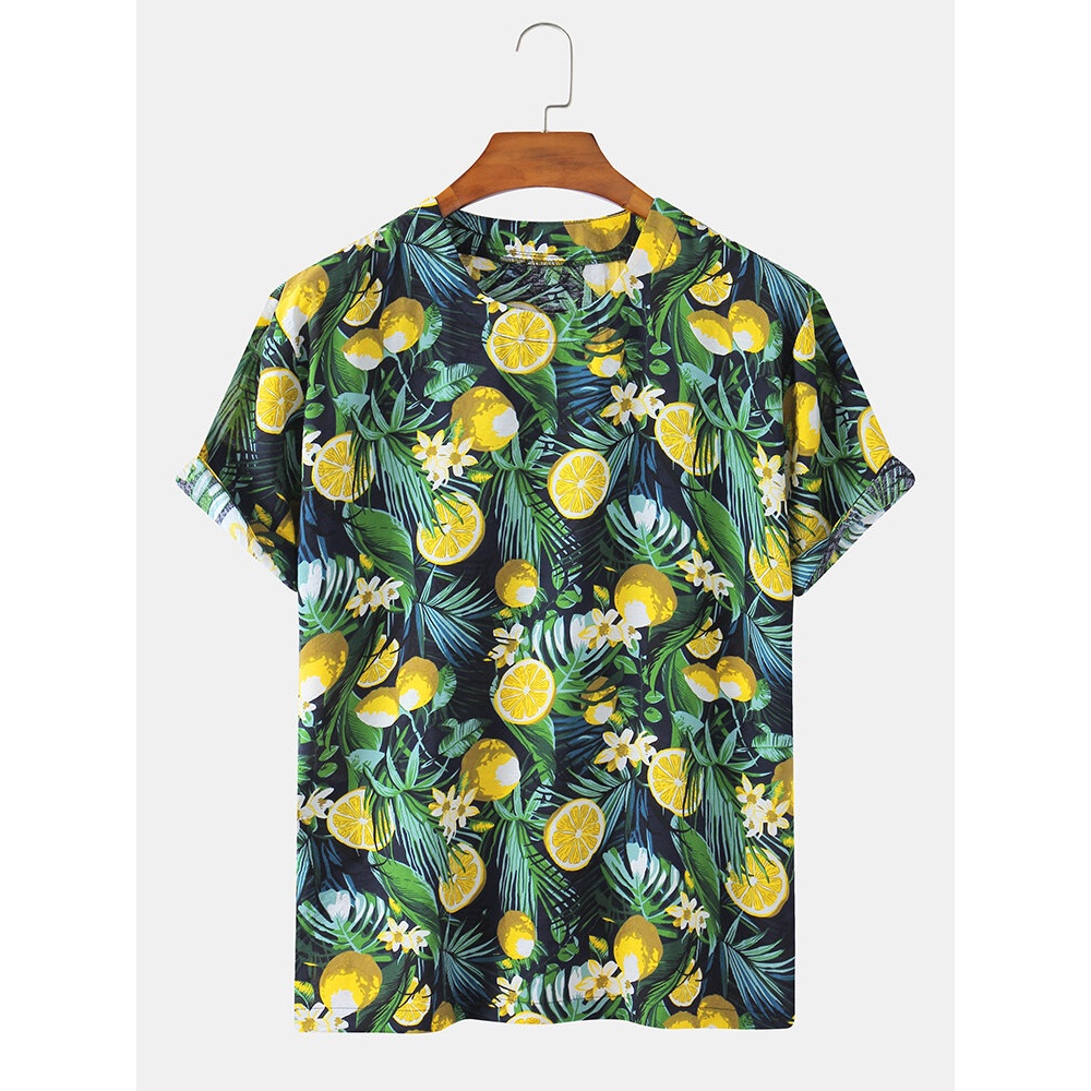 Fruit Lemon Plant Print Cotton Breathable Short Sleeve T-Shirts - White M