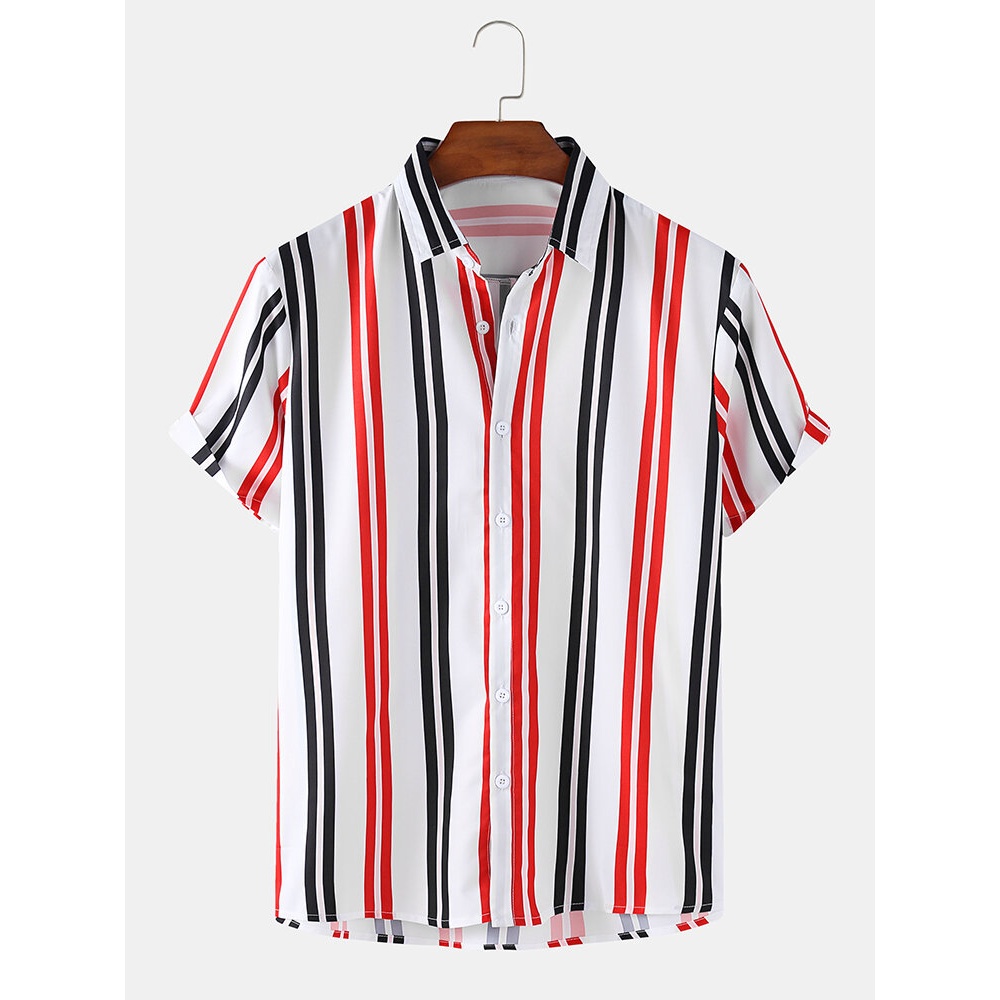 Mens Vertical Stripe Light Loose Casual Short Sleeve Shirts - Orange L