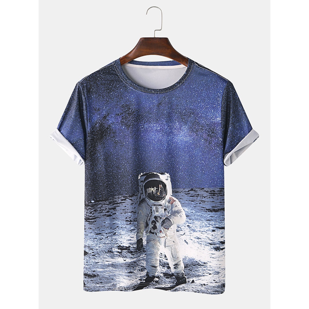 Astronaut Landing On The Moon Print Short Sleeve Breathable T-Shirts - Blue L