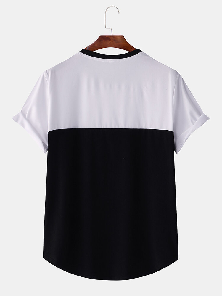 Men Loose Letter Print Color Block Short Sleeve T-Shirts - S Black - Image 2