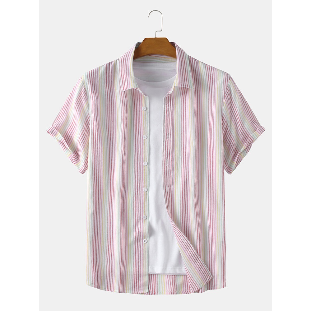 Mens 100% Cotton Striped Turn Down Collar Short Sleeve Shirts - Red L