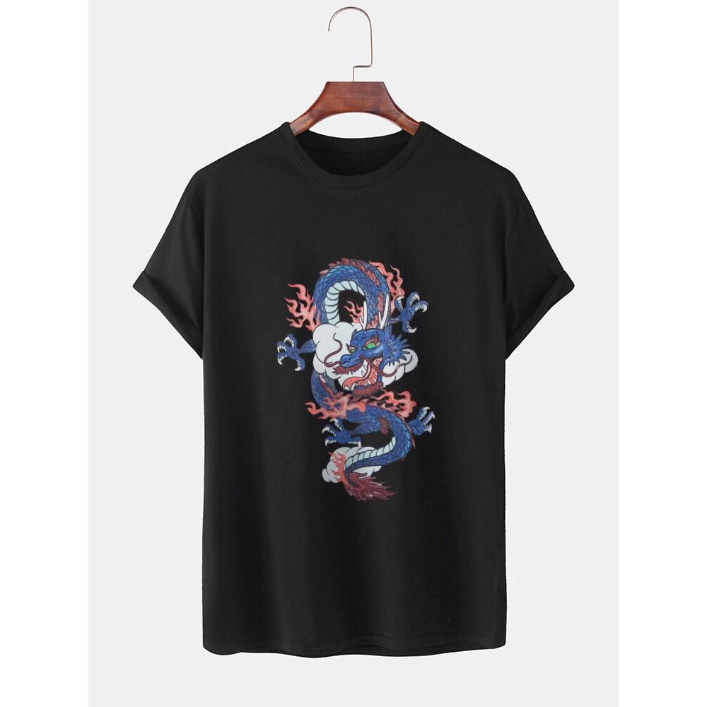 Mens Dragon Print Round Neck Orental Short Sleeve T-Shirts - White L