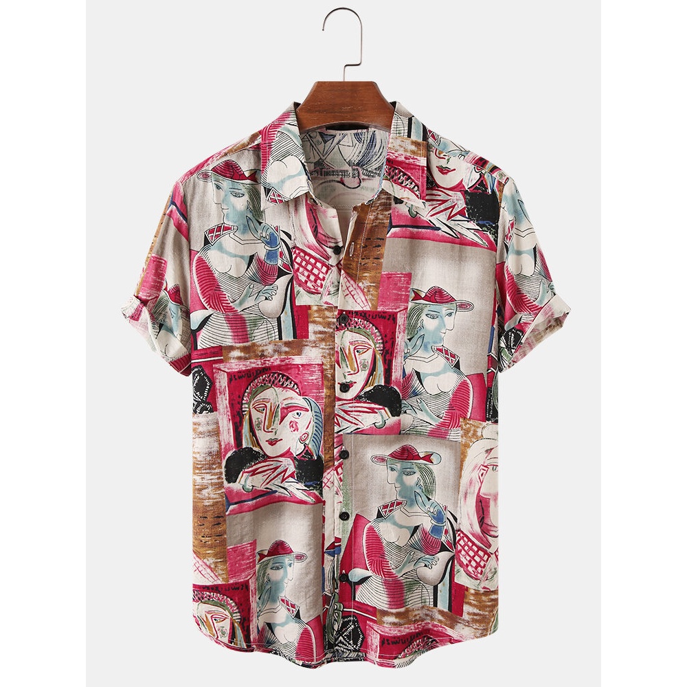 Cotton Mens Abstract Figure Printed Lapel Collar Short Sleeve Vintage Shirts - Colorful L