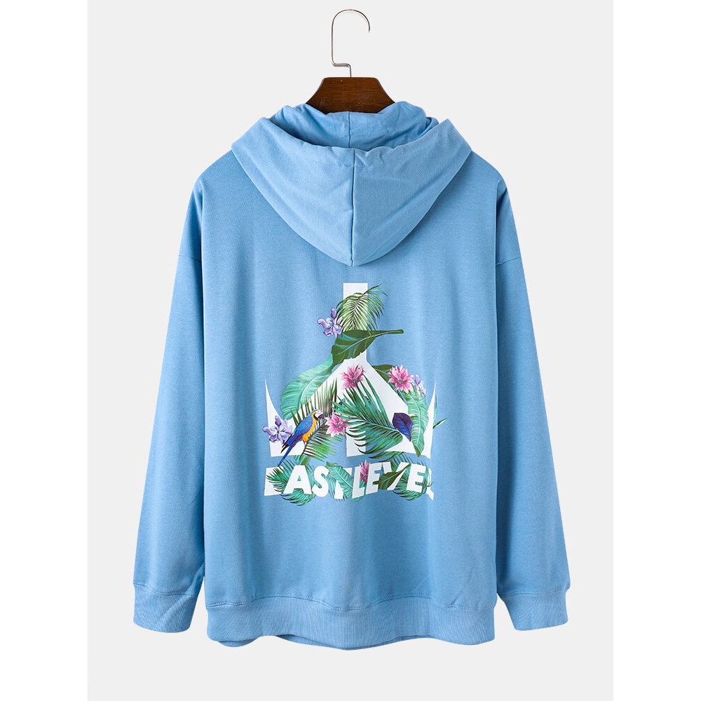 Mens Leaves Plant Letter Print Long Sleeve Drop Shoulder Blue Hoodies - White 2XL