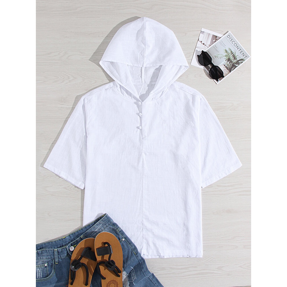 Mens Vintage 100% Cotton Hooded Breathable Solid Color Casual Henley Shirts - White 2XL