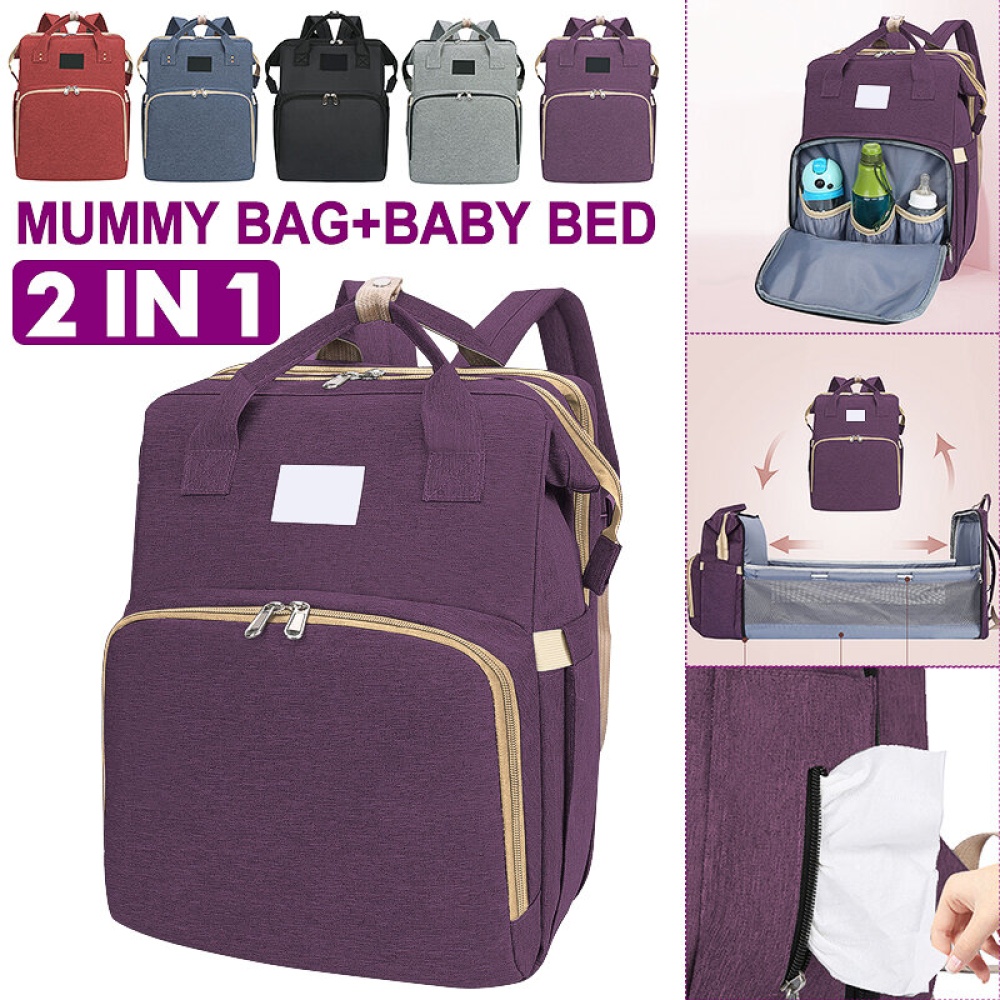 2 in 1 Diaper Bag with Changing Station Mom Backpack Multifunctional Baby Bed Crib Handbag Stroller Bag - Red - Image 2