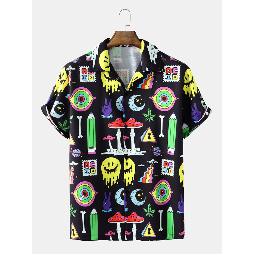 Mens Street Multi Pattern Print Revere Collar Shirts - Black XL