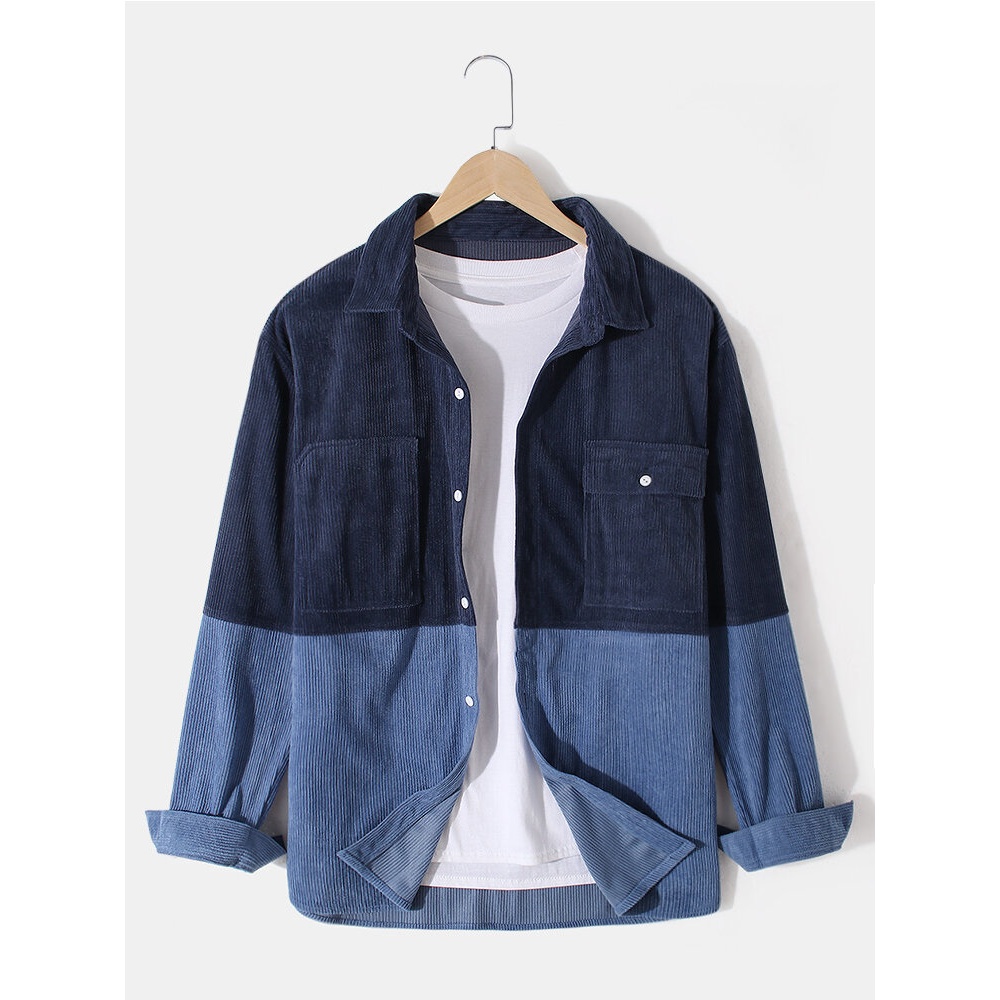 Mens Colorblock Patchwork Button Up Corduroy Lapel Shirts With Pocket - Green L