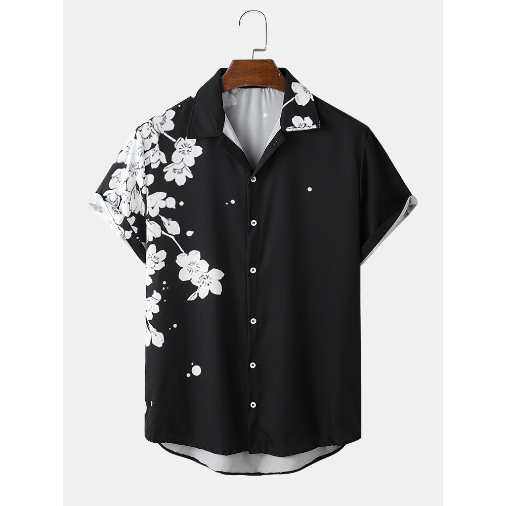 Mens Fashion Monochrome Floral Print Button Up Short Sleeve Shirts - Black S