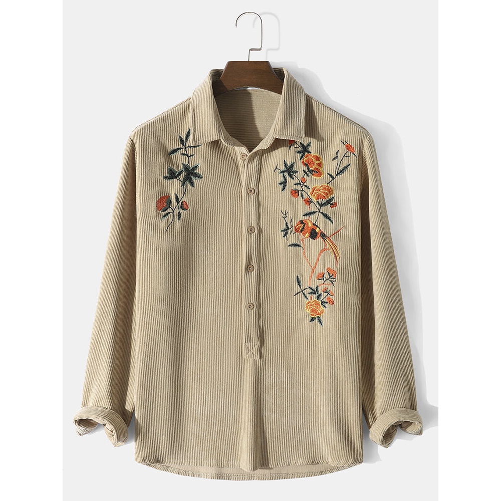 Men Solid Color Embroidery Floral Corduroy Long Sleeve Buttons Casual Henley Shirts - Khaki S