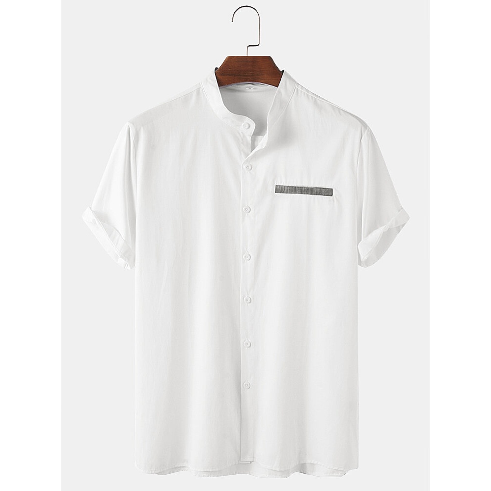Mens Solid Color Stand Collar Casual Short Sleeve Shirts - White S