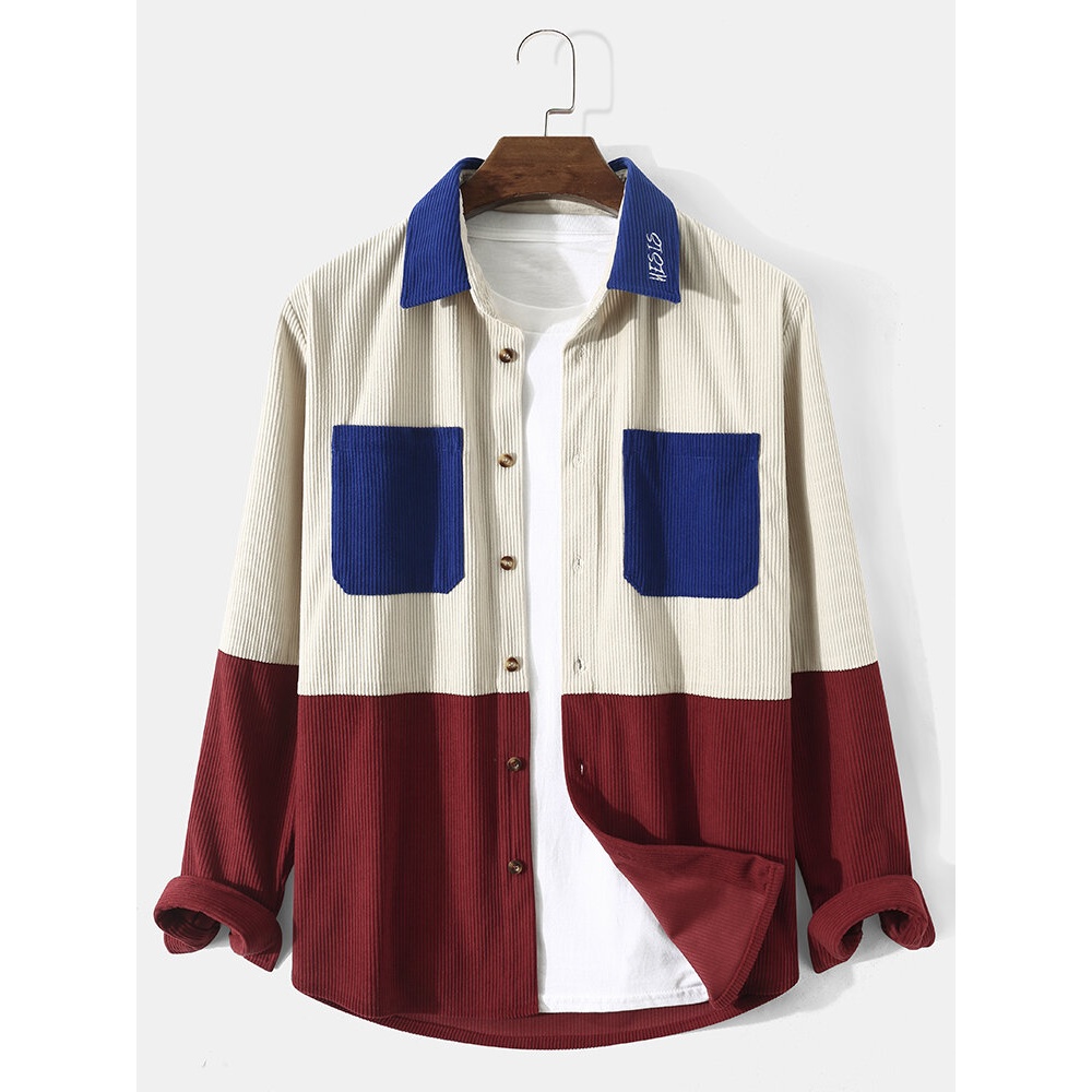 Men Klein Blue Corduroy Patchwork Long Sleeve Chest Pocket Button Up Shirts - Khaki S
