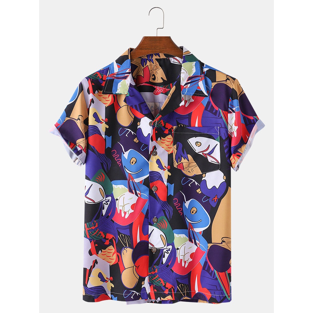 Mens Funny Cartoon Print Revere Collar Short Sleeve Casual Shirts - Black M