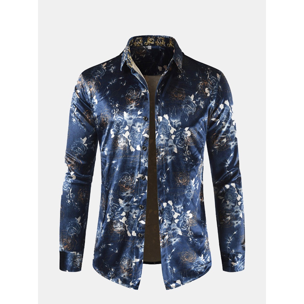 Men Vintage Lapel Printing Shirts - M Blue