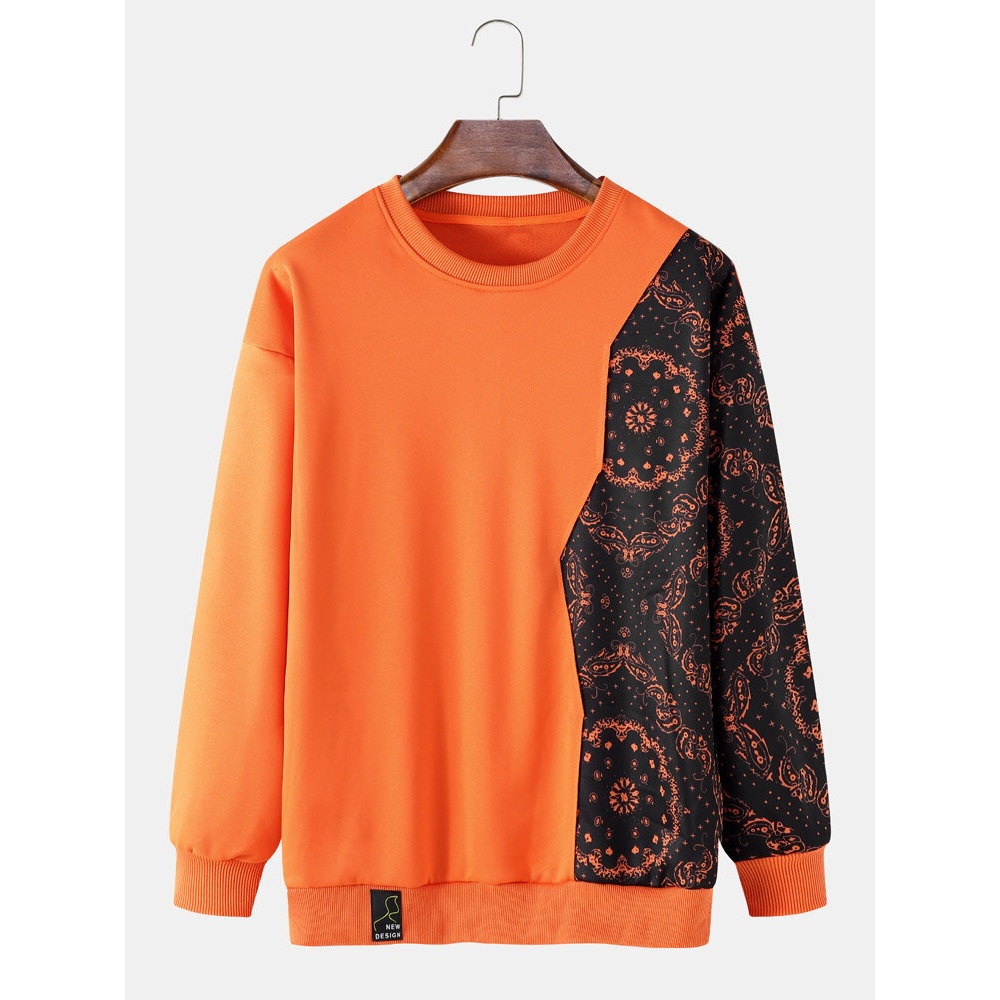 Men Patchwork Color Block Contrast Floral Pullover Sweatshirt - Black L