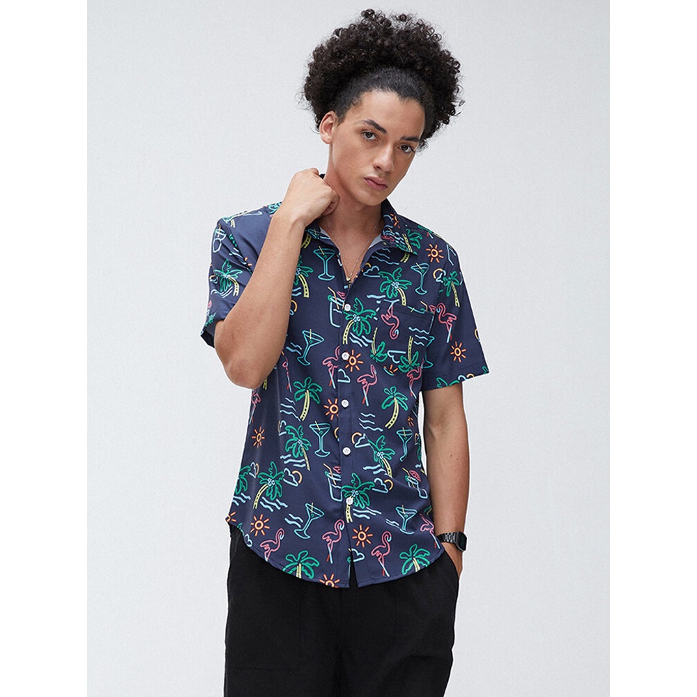 Mens Home Leaf Printing BreathableHoliday Short Sleeve Causal Shirts - Blue 3XL