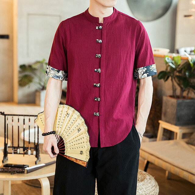 Season Chinese Style Cotton And Linen Short-sleeved Shirt Male Chinese Style Collar Retro Disc Buckle Color Printing Tang Suit Half Sleeve Shirt - L - Image 2