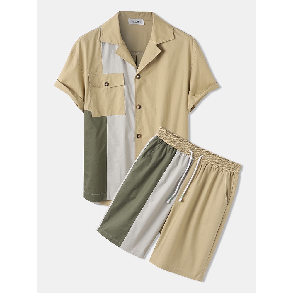 Mens 100% Cotton Pocket Color Block Cargo Revere Collar Shirts Two Piece Outfits - Yellow S