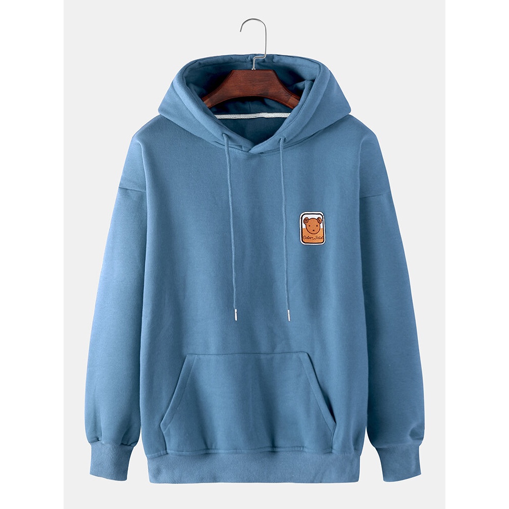 Mens Cotton Cartoon Bear Embroidery Drop Shoulder Long Sleeve Casual Hoodies - Grey S