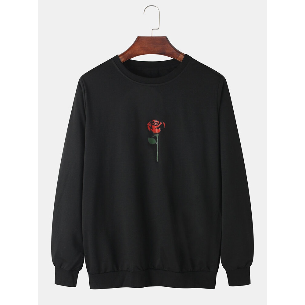 Mens Rose Print Round Neck Pullover Long Sleeve Simple Cotton Sweatshirts - Black S