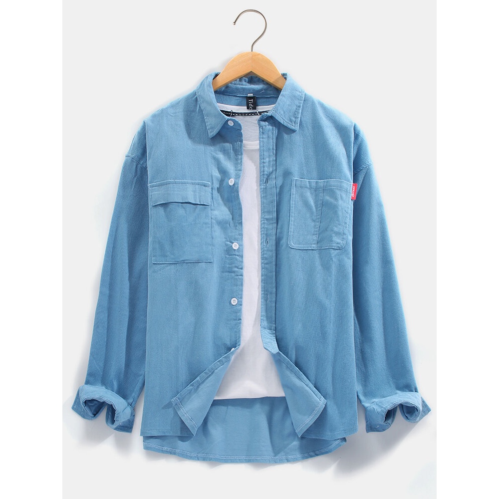 Mens Corduroy Button Up Double Pocket Plain Long Sleeve Shirts - Blue M