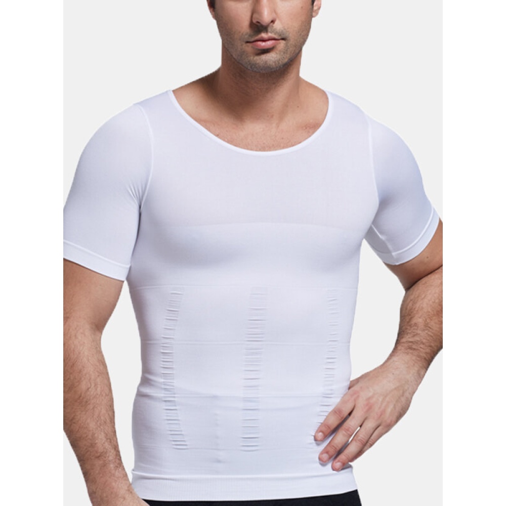 Men Slim Abdomen Compression O Neck UnderShirt Shapewear - XL Black