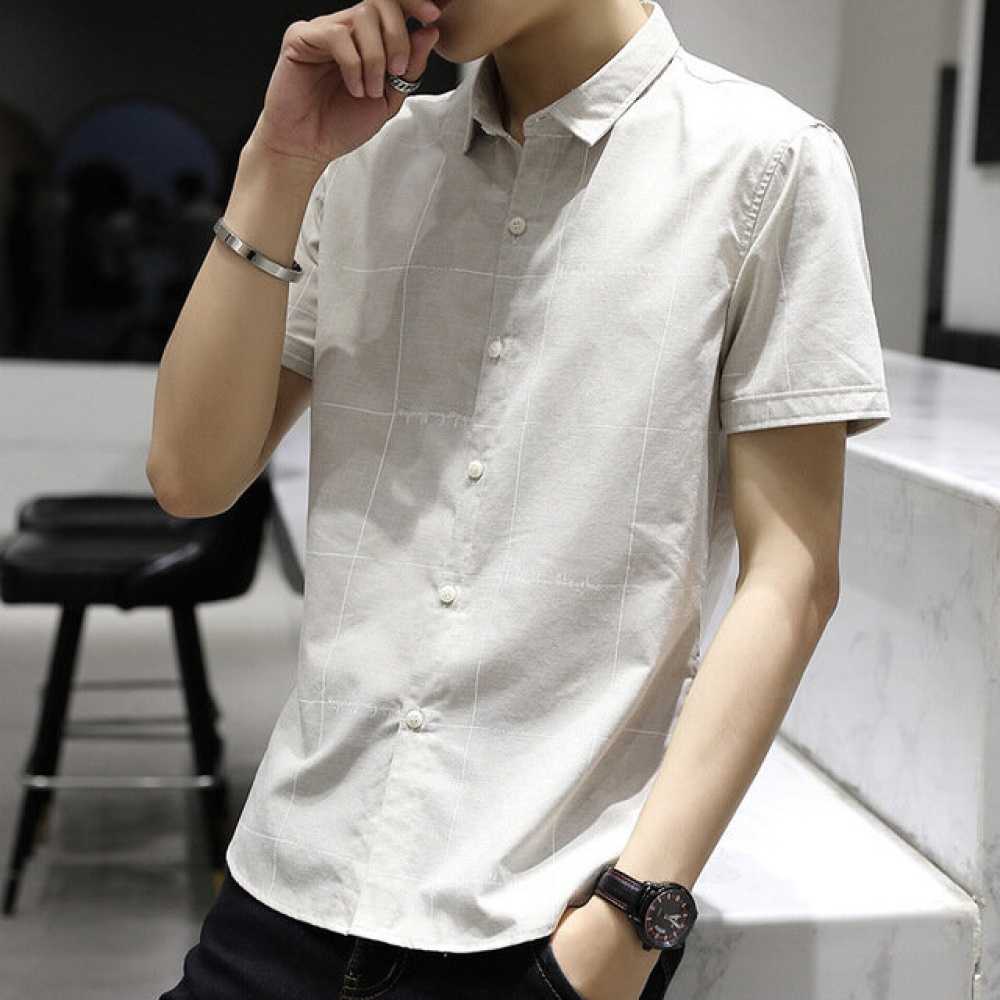 Men's Plaid Print Short-sleeved Shirt Youth Leisure Shirt - L Light Grey