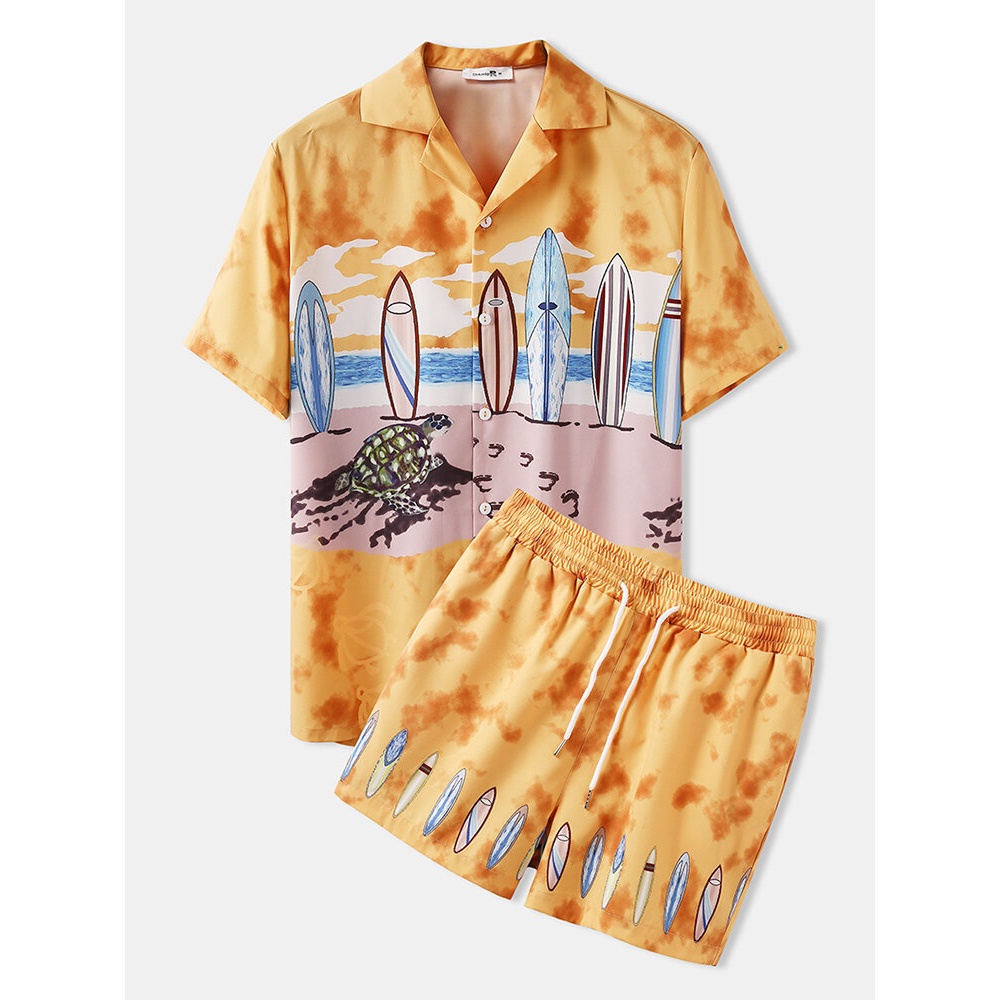 Mens Cartoon Surfboard & Tortoise Beach Landscape Print Two Piece Casual Outfits - Yellow XL