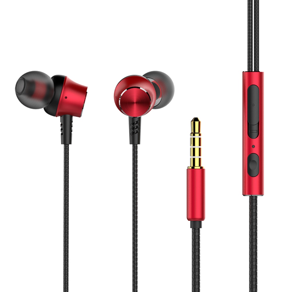 Metal In-ear Headset Heavy Bass Wire-controlled 3.5mm Plug Microphone Red