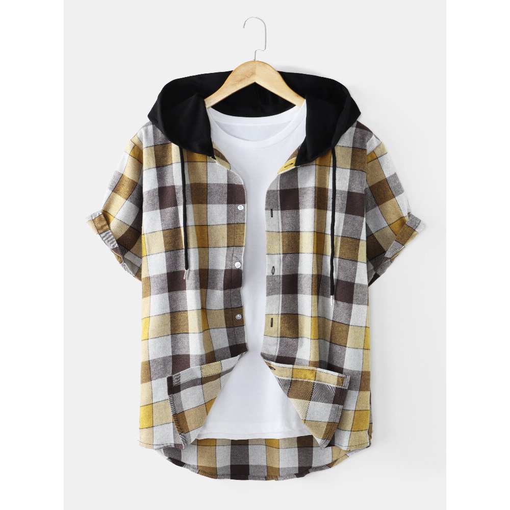 Mens Plaid Button Up Casual Short Sleeve Shirts With Hood - Yellow M