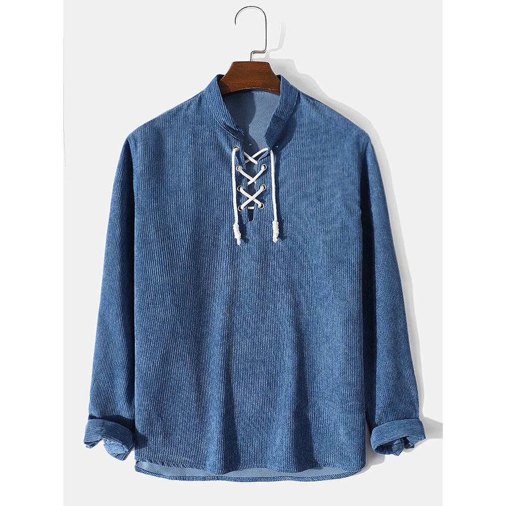 Mens Corduroy Solid Color Drawstring Long Sleeve T-Shirt - Blue S