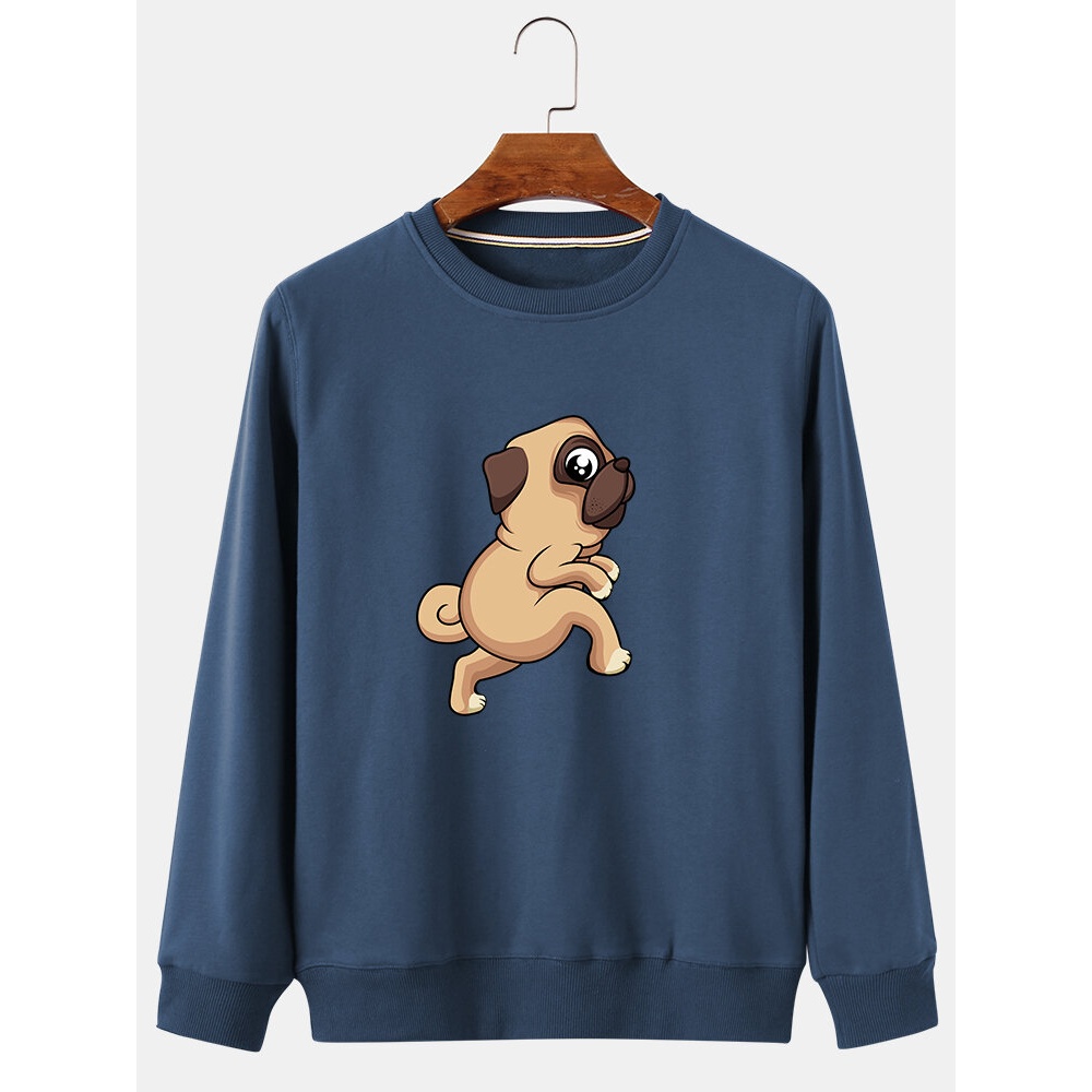 Mens Cotton Cartoon Dog Printed Crew Neck Casual Sweatshirts - Wine Red XL