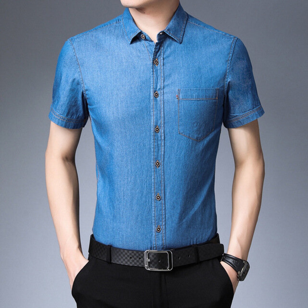 Men Short Sleeve Denim Shirt Season Lapel Loose Shirts - S Navy Blue